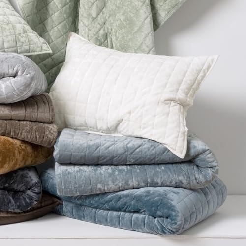 RECYCO Luxury Velvet Quilt Set, California King 118'' x 106'' Oversized Bedspread, Ultra Soft Velvet Comforter, Lightweight Box Stitch Bedding Sets for All Season, with 2 Shams, Blue Linen RECYCO