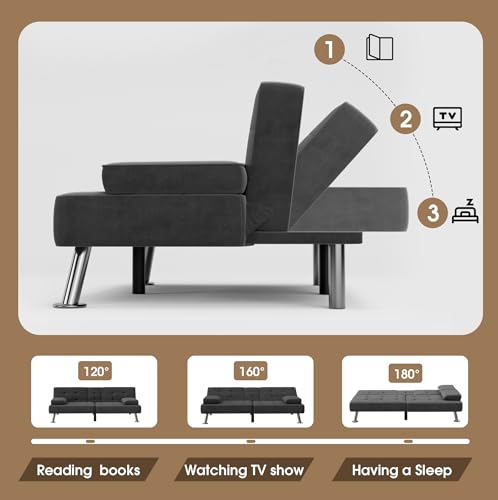 Shahoo Modern Linen Upholstered Convertible Folding Futon Sofa Bed with Removable Armrests, Metal Legs, 2 Cup Holders for Living Room, Black