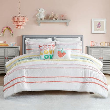 Intelligent Design Kids Full Cotton Comforter Set, Casual Fun Colors Chenille Stripes, All Seasons Fluffy Comforter Bed Set, Shams, Decor Pillows, Haisley, Full/Queen, Pink Multi 5 Piece Intelligent Design