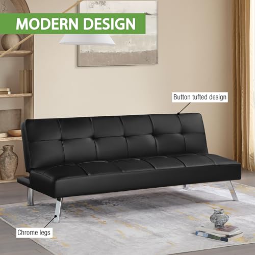 OSP Home Furnishings Kenneth Modern Button Tufted Convertible Click-Clack Futon Sofa Bed, Black Faux Leather with Chrome Legs OSP Home Furnishings