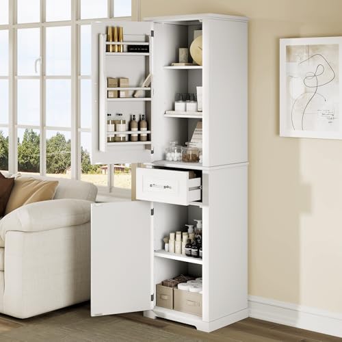 Pasirou 72" Tall Narrow Storage Cabinet with 2 Doors and One Drawer, Modern Freestanding Pantry Organizer with Adjustable Shelf and Door Shelves for Bathroom, Home Office, Kitchen, White Pasirou