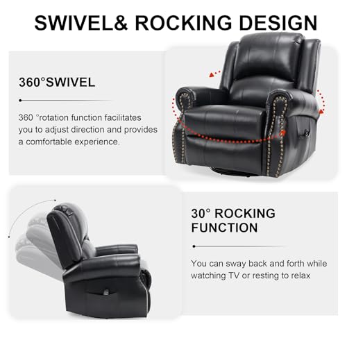 RHHVVR Classic Rivets Leather Power Recliner Chair for Living Rooms, Swivel Rocker Recliner Chair with Heat and Massage, Wall Hugger Glider Reclining Sofa for Small Spaces, Black RHHVVR
