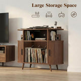 35” Mid Century Record Player Stand, Round Record Storage Cabinet with Charging Station, Turntable Stand Holds up to 150+ Albums, Vinyl Record Player Shelf for Media Stereo Audio, Living Room, Walnut Quelthar