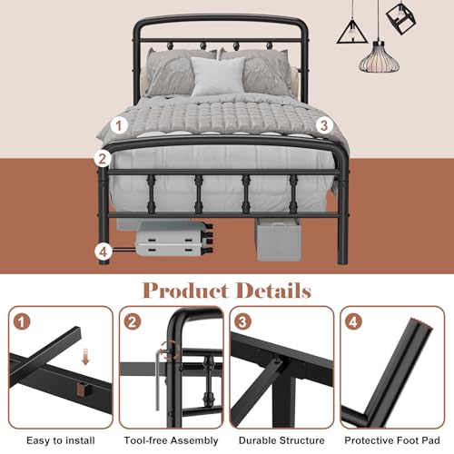 Blbeed Metal Twin Bed Frames,1500 Lbs Heavy Duty Bed Frames with Headboard,Noise-Free Design & 12" Underbed Storage,No Box Spring Needed/Tool-Free Assembly Blbeed