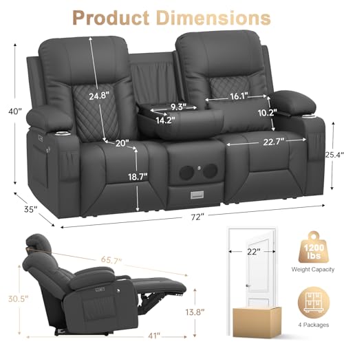 Power Loveseat Recliner Sofa, Electric Reclining Loveseat Couch with Console, Home Theater Seating with Bluetooth Speaker & LED Light, Zero Wall Hugger RV Sofa Furniture with Built-in Outlet & Storage