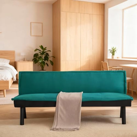 Trygoal Futon Sofa Bed Couch, 64.6" Convertible Sleeper Sofa with 5 Positions Adjustable Backrest, Velvet Couch Bed with Solid Wood Frame for Home Office Living Room Guest Dorm, Green Trygoal