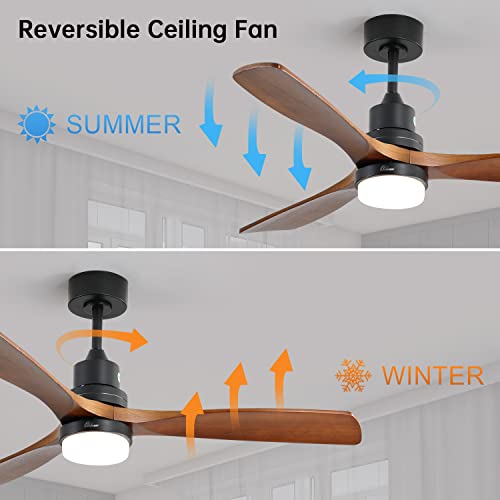 Sofucor 52 Inch Ceiling Fan with Lights Remote Control, Noiseless |Dimmable |6-Speed Outdoor Ceiling Fan with Light, Walnut 3 Blade Wood Ceiling Fan with Timer, Reversible DC Motor for Patio Bedroom Sofucor