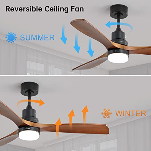 Sofucor 52 Inch Ceiling Fan with Lights Remote Control, Noiseless |Dimmable |6-Speed Outdoor Ceiling Fan with Light, Walnut 3 Blade Wood Ceiling Fan with Timer, Reversible DC Motor for Patio  - WoodArtSupply