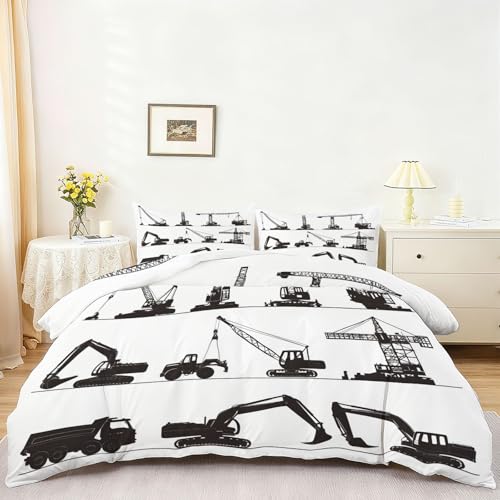 Single 61" x 79" Bedding Duvet Cover Set - White and Black Modern Construction Vehicle Minimalist Printed 3 Piece Brushed Microfiber Comforter Quilt Cover with Zipper Closure for Men and Women Generic