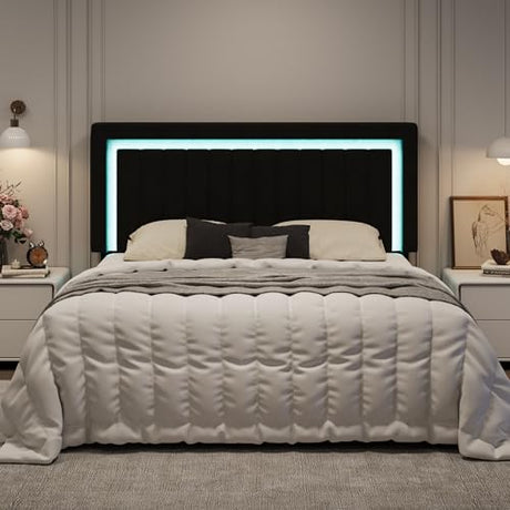 SHA CERLIN King Size Velvet Bed Frame with LED Light, Adjustable Vertical Channel Tufted Headboard, Strong Wooden Slats Support, Noise-Free, No Box Spring Needed, Black SHA CERLIN