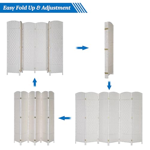 VINGLI 6-Panels Tall Rattan Room Divider, 6 FT Folding Privacy Screen, Indoor Partition Wall Dividers, Freestanding Hinged Space Separator (White) VINGLI