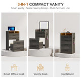 Lvifur 3 in 1 Vanity Desk with Flip Top Mirror and Lights,Glass Top Compact Vanity with 3Drawers &Rolling Stool, Modern Small Makeup Vanity Table w/Charging Station,Bedroom,Rustic Oak Lvifur