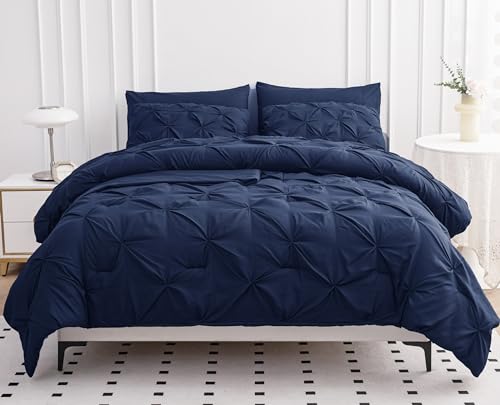 LANE LINEN Queen Comforter - Set of 7 Piece - Pintuck Stitch Design Bedding with 1 Comforter, 1 Flat Sheet, 1 Fitted Sheet, 2 Pillowcases & 2 Shams - Soft, Warm & Cozy Bedding Collection – Navy Blue LANE LINEN