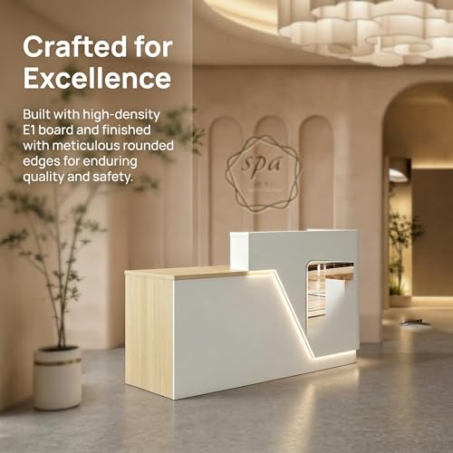 ansespl L Shaped Reception Desk with Counter,63/71inch Reception Room Table with Lockable Drawers & Keyboard Tray, for Office, Salon, Hotel & Clinic