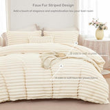 ANGIYUIN 3 Pieces Cream Fluffy Girls Duvet Cover Set Twin Beige Faux Fur Stripe Comforter Cover Luxury Fuzzy Bedding Cover Set for Kids Teens 1 Duvet Cover with 2 Pillowcases(Cream Twin) ANGIYUIN