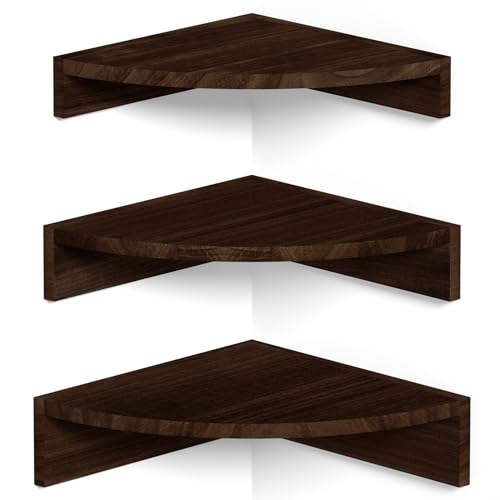 Alsonerbay Corner Shelf Wall Mount, Set of 3 Floating Shelves for Storage and Display, Rustic Wood Shelves for Bedroom, Kitchen, Living Room, Nursery and Office (Dark Brown) Alsonerbay