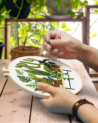 TINDTOP Embroidery Kit for Adult, Owl Embroidery Kit for Beginners Include Embroidery Cloth Hoops Threads for Craft Lover Hand Stitch with Embroidery Skill Techniques (Cactus) TINDTOP