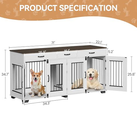 71'' Dog Crate Furniture, Wooden Indoor Dog Kennel for 2 Dogs with 3 Drawers and Removable Room Divider, XXL Double Dog Crate TV Stand End Table with Double Doors for Large Medium Dogs, White GAOMON