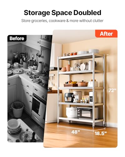VEVOR Stainless Steel Shelving 48x18.5 Inch 5 Tier Adjustable Shelf Storage Unit Stainless Steel Heavy Duty Shelving for Kitchen Commercial Office Garage Storage 330lb Per Shelf VEVOR
