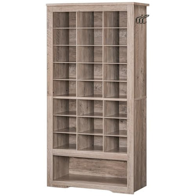HOOBRO Tall Shoe Cabinet, 9 Tier Shoe Storage Cabinet, Freestanding Wooden Shoe Cabinet Organizer with 24 Cubbies and 3 Hooks, for Entryway, Closet, Living Room, Greige BG24SC01