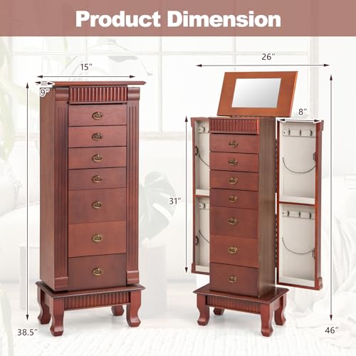Giantex Standing Jewelry Armoire Cabinet Storage Chest with 7 Drawers, 2 Side Doors, 12 Necklace Hooks, Makeup Mirror and Top Divided Storage Organizer, Large Standing Jewelry Armoire Giantex