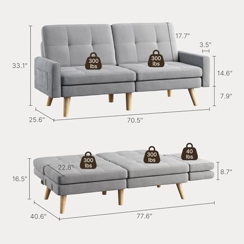 Gizoon 70.9" Sofa Bed, Futon Couch Bed with Adjustable Backrest, Modern Sleeper Sofa with Removable Armrest for Extended Length, Love Seat for Living Room, Office and Small Spaces, Apartment, Grey Gizoon