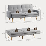 Gizoon 70.9" Sofa Bed, Futon Couch Bed with Adjustable Backrest, Modern Sleeper Sofa with Removable Armrest for Extended Length, Love Seat for Living Room, Office and Small Spaces, Apartment, Grey Gizoon