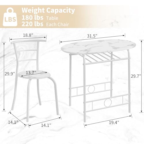 VECELO 3-Piece Dining Table Set for Kitchen Breakfast Nook, Faux Marbled Oval Tabletop and Metal Frame with Built-in Wine Rack, for Small Spaces, White VECELO