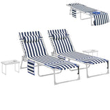 Outsunny Tanning Chair Set of 2 with Face Hole, Side Table, 5-Position Reclining Folding Chaise Lounge Chair Outdoor Lounger Recliner, Carry Straps for Beach Pool Camp, Oxford Fabric, Blue and White