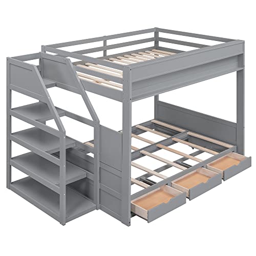 P PURLOVE Full Size Futon Bunk Bed with Storage,Full Over Full Futon Bunk Bed with Storage Staircase,Convertible Bed Frame with Bedside Table,can be Converted into Daybed P PURLOVE