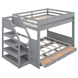 P PURLOVE Full Size Futon Bunk Bed with Storage,Full Over Full Futon Bunk Bed with Storage Staircase,Convertible Bed Frame with Bedside Table,can be Converted into Daybed P PURLOVE