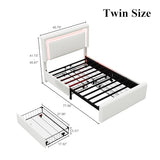 LoVinson Twin Size Bed Frame with 4 Storage Drawers, Charging Station and LED Light, Adjustable Upholstered Headboard, Noise-Free, No Box Spring Needed, Easy Assembly, White LoVinson
