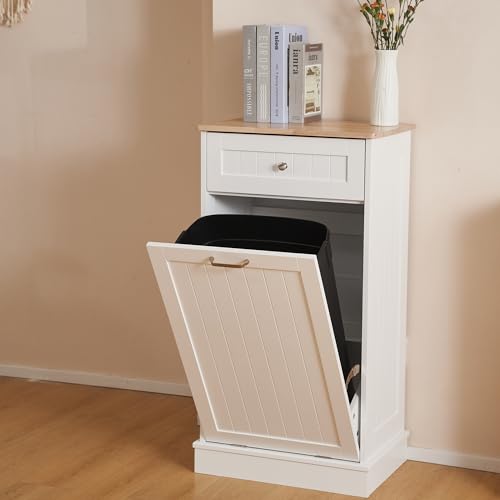 AHB 13 Gallons Tilt Out Trash Cabinet, Hidden Trash Can Kitchen Wooden Tilt Out Pet Proof Hidden Trash Bin for Kitchen Living Room,White AHB
