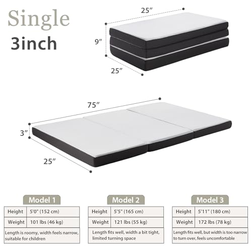 Tri Fold Memory Foam Foldable Mattress Single, 3 inch Folding Mattress for Guest Sleep. Portable Trifold Mat with Removable Washable Cover, Floor Sleeping Mat for Adult and Kid HUEIFY
