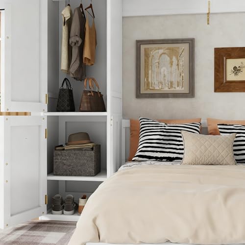 RuiSiSi Queen Size Murphy Bed with Wardrobe, Space-Saving Hidden Wall Bed Frame with Desk and Gas Struts, Wood Murphy Cabinet Bed with Charging Station, No Box Spring Needed, Easy Assembly, White RuiSiSi