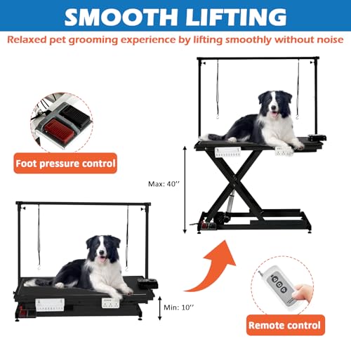 50'' Electric Dog Grooming Table, Heavy Duty, Height Adjustable Pet Grooming Table with Sockets w/Leveling Wheels, Grooming Arm, Anti Slip Tabletop & Tool Organizer, for All Pets Black Towallmark