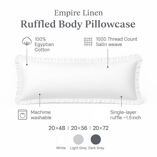 Empire Linen | Ruffled Body Pillowcase | Cotton Satin Weave, Soft & Breathable | Hidden Zipper Closure | Decorative Pillow Sham with Single Layer Ruffles | White Body Pillow Cover (20x48, White) Empire Linens