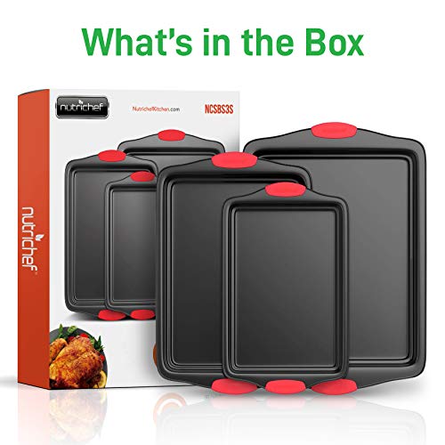 NutriChef 3-Piece Nonstick Kitchen Oven Baking Pans - Premium & Stylish Non-Stick Steel, Commercial Grade Restaurant Quality Metal Bakeware with Red Silicone Handles - Easy to Clean, NCSBS3S NutriChef