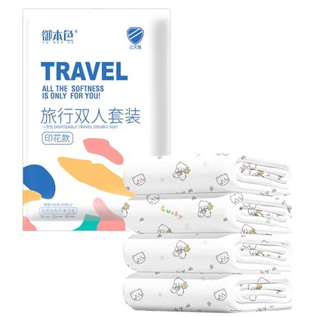 LINLAY Disposable Travel Bedding Set, 4 Piece Lucky Bear Print, Thickened SMS Fabric, Hotel Sheets and Pillowcases (Single - 3-Piece Set, A - Cartoon) LINLAY