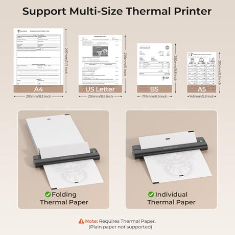 MUNBYN Portable Printer Wireless for Travel, Small Bluetooth Inkless Thermal Printer Support 8.5 x 11 US Letter & A4, Compatible with Laptop, macOS,Windows, Android & iOS for Car,Home Office & School MUNBYN