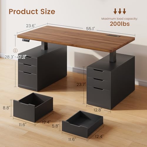 SEDETA Electric Standing Desk with 6 Drawers, 55" Adjustable Stand up Desk with Storage, Computer Desks with Power Outlets for Home Office, Black SEDETA