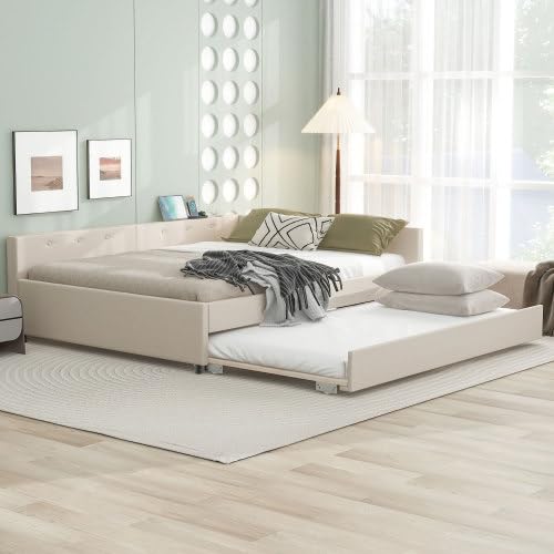 Daybed Upholstered Queen Size with Trundle and USB, L-Shaped Sofa Bed, Linen Tufted Platform Bed (Beige) Bellemave
