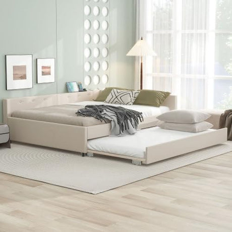Daybed Upholstered Queen Size with Trundle and USB, L-Shaped Sofa Bed, Linen Tufted Platform Bed (Beige) Bellemave