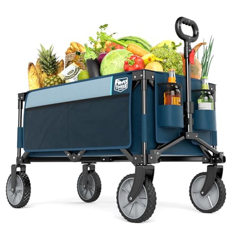 TIMBER RIDGE Collapsible Outdoor Folding Wagon Cart Heavy Duty Camping Patio Shopping Garden Cart with Side Bag Cup Holder, Blue TIMBER RIDGE