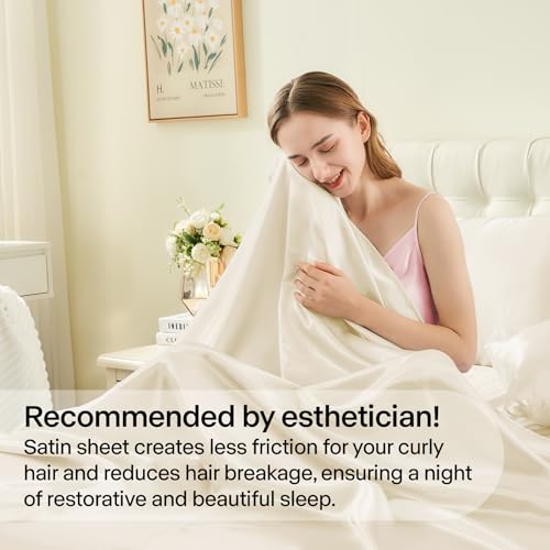 BEDELITE King Size Sheets Set, Luxury Soft Beige Satin Sheets for Hair and Skin, Similar to Silk Bed Sheets Set 4 Pieces with 1 Deep Pocket Fitted Sheet, 1 Flat Sheet, and 2 Pillowcases BEDELITE
