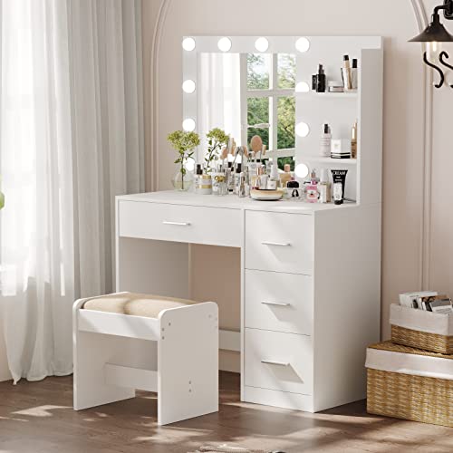 Rovaurx Makeup Vanity Table with Lighted Mirror, Makeup Vanity Desk with Storage Shelf and 4 Drawers, Bedroom Dressing Table, 10 LED Lights, White RSZT104W Rovaurx