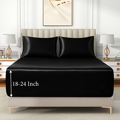 VACVELT 3pcs Extra Deep Pocket Satin Fitted Sheet Set Queen Bed Set, Black Bottom Sheet Fit 18-24 Inch Deep Pocket Mattress, Silky Bedding Set Soft & Ultra Deep Fitted Sheet & 2 Pillowcase VACVELT