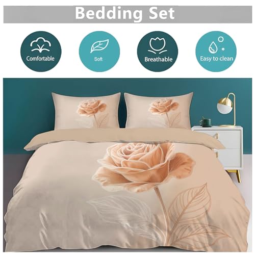 WIVCOMD Hand-Drawn Minimalist King Reversible Duvet Cover Sets Rice Pink Bedding Set, Single Rose Printed Duvet Cover with Pillowcases Zip Closure Perfect for Hot Sleeper WIVCOMD