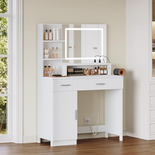ProsperHaven Vanity Desk with LED Mirror and Lights, Makeup Vanity Table with Power Outlet, Drawers, Cabinet, Dressing Table with Open Storage Shelves for Bedroom, Dressing Room, White ProsperHaven