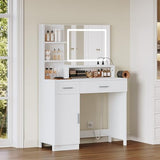 ProsperHaven Vanity Desk with LED Mirror and Lights, Makeup Vanity Table with Power Outlet, Drawers, Cabinet, Dressing Table with Open Storage Shelves for Bedroom, Dressing Room, White ProsperHaven